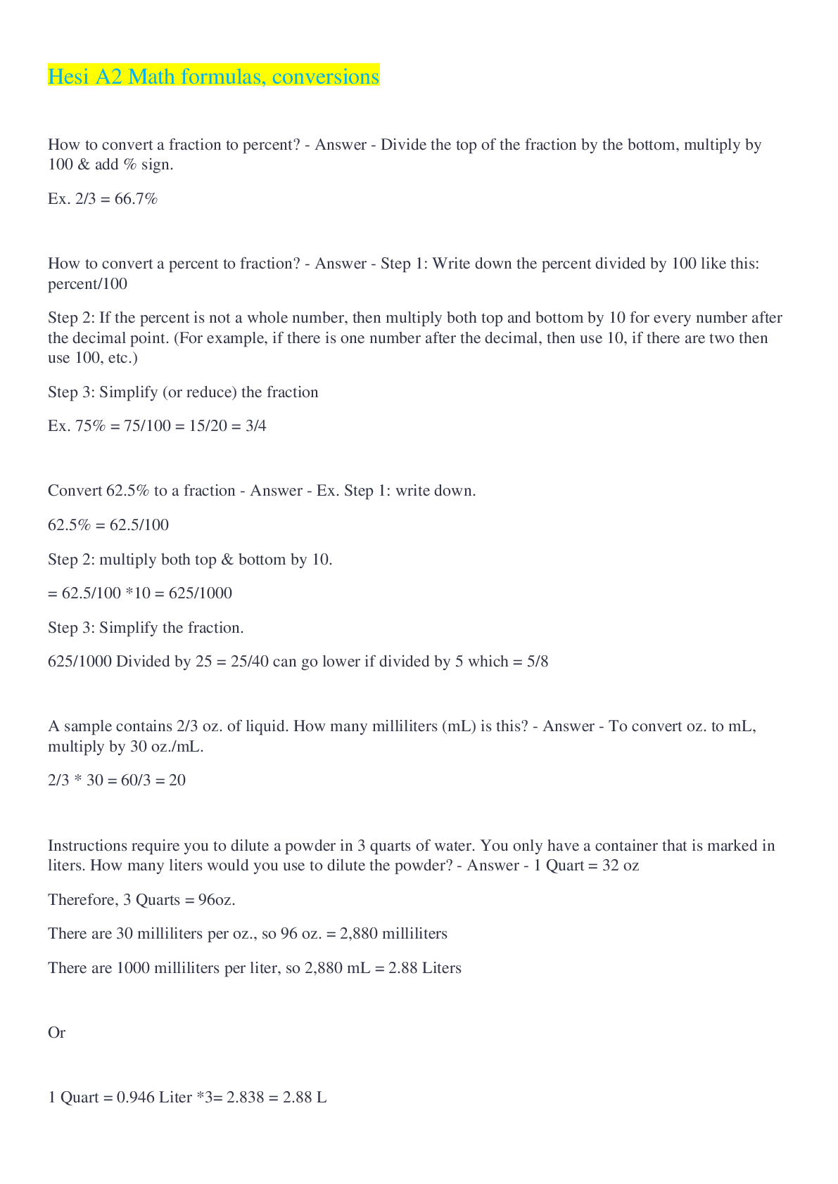 Preview image for Hesi A2 Math formulas, conversions 2022/2023